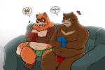 anthro balls_outline black_nose blue_eyes bulge clothed clothing detailed_bulge duo electronics eyewear furniture game_console gaming genital_outline glasses handheld_console male moobs overweight playing_video_game simple_background sitting sofa topless underwear shinoda_hamazaki nintendo nintendo_ds nintendo_ds_family franook bear brown_bear canid canine grizzly_bear mammal raccoon_dog tanuki ursine 3:2 hi_res