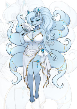 4_toes 5_fingers 8_tails anthro big_breasts black_nose blue_body blue_eyes blue_fur blue_hair bracelet breasts cheek_tuft chest_tuft eyelashes facial_tuft feet female fingers fur gold_(metal) gold_jewelry hair high_ponytail holding_object inner_ear_fluff jewelry long_eyelashes long_hair looking_at_viewer multi_tail navel paws ponytail smile snout solo tail toes tuft hestid nintendo pokemon alolan_form alolan_ninetales generation_7_pokemon pokemon_(species) regional_form_(pokemon) absurd_res colored digital_drawing_(artwork) digital_media_(artwork) full-length_portrait hi_res portrait shaded