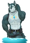 abs anthro armor biceps biped blue_eyes bulge clothed clothing countershading fur grey_body grey_fur male muscular muscular_anthro muscular_male nipples pecs skimpy solo unconvincing_armor owatana0 lifewonders tokyo_afterschool_summoners breke_(tas) canid canine canis mammal wolf absurd_res hi_res