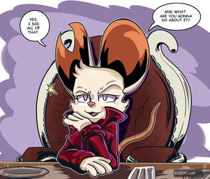 anthro big_ears biped chair clothing coat dialogue female female_anthro fur furniture on_chair open_mouth open_smile pink_nose red_clothing red_coat red_topwear sitting sitting_on_chair smile smug solo speech_bubble table text topwear white_body white_fur mecknnick01 mina_the_hollower yacht_club_games mina_(mina_the_hollower) mammal mouse murid murine rodent 2026 digital_media_(artwork) english_text hi_res