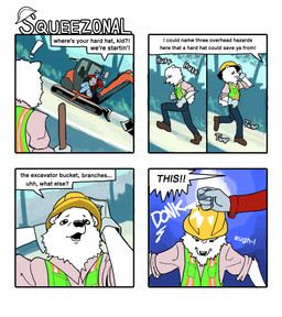 4_panel_comic anthro armor clothed clothed_anthro clothed_female clothed_male clothing dialogue duo excavator eyes_closed female fully_clothed fully_clothed_anthro fully_clothed_female fully_clothed_male fur hard_hat headgear helmet hitting_head male outside plant running safety_vest tail text topwear vest white_body white_fur hieronymusjohnson squeez_(hieronymusjohnson) canid canine canis domestic_dog mammal nordic_sled_dog samoyed spitz 2025 aliasing binary_drawing comic digital_drawing_(artwork) digital_media_(artwork) english_text hi_res