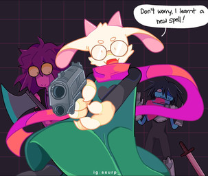 2_horns 3_fingers ambiguous_gender anthro axe black_hair blue_body blue_skin bodily_fluids cape clothing dropping_weapon eyewear fangs female fingers fur gesture glasses group gun hair hand_gesture handgun holding_melee_weapon holding_object holding_ranged_weapon holding_weapon horn male melee_weapon open_mouth pistol pointing_gun purple_body purple_hair purple_skin ranged_weapon round_glasses scarf speech_bubble standing surprised sweat sword teeth text trio weapon white_body white_fur surrp deltarune ralsei_with_a_gun undertale_(series) kris_dreemurr ralsei susie_(deltarune) bovid caprine darkner goat human lightner mammal scalie 2025 digital_media_(artwork) meme watermark