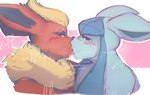 blonde_hair blue_body blue_ears blush breath eye_contact eyelashes female female/female french_kissing fur geometric_background hair kissing long_ears looking_at_another making_out neck_tuft orange_body orange_fur side_view simple_background tongue tuft themercart nintendo pokemon eeveelution flareon generation_1_pokemon generation_4_pokemon glaceon pokemon_(species) 2024 absurd_res digital_drawing_(artwork) digital_media_(artwork) hi_res