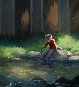 anthro barefoot bottomwear clothed clothing feet fur grass grey_bottomwear grey_clothing grey_pants head_tuft male multicolored_body multicolored_fur outside pants partially_submerged plant purple_body purple_fur red_clothing red_eyes red_topwear rock sitting solo three-quarter_view topwear tree tuft two_tone_body two_tone_fur unsigned water white_body white_fur corzh77 species_request absurd_res full-length_portrait hi_res portrait