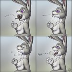 2021 4_fingers absurd_res almost_fully_inside anthro anthro_pred areola breasts comic dialogue disney duo english_text extreme_size_difference eyebrows eyes_closed female fingers forceswerwolf fully_inside hi_res judy_hopps lagomorph leporid long_ears mammal micro mouse murid murine nipples nude open_mouth partially_inside purple_eyes rabbit rodent side_view simple_background size_difference smile text vore zootopia