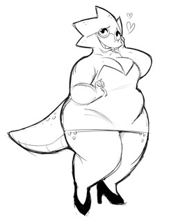 anthro belly breasts cleavage clothed clothing dress eyewear female footwear glasses heart_symbol high_heels round_glasses shoes simple_background solo tail teeth thick_thighs wearing_glasses white_background animation_sensation undertale_(series) alphys monster scalie 2025 digital_drawing_(artwork) digital_media_(artwork) english_description full-length_portrait hi_res portrait