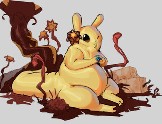 ambiguous_gender anthro big_tail black_eyes eating flower food fruit glistening glistening_body plant semi-anthro slightly_chubby slightly_chubby_ambiguous slightly_chubby_anthro solo tail yellow_body citrusslugcat rain_world videocult monk_(rain_world) slugcat