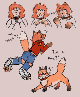 ^_^ anthro black_nose blue_bottomwear blue_clothing blue_jeans blue_pants blush bodily_fluids bottomwear brown_body brown_collar brown_ears brown_feet brown_fur clothing collar confusion denim denim_bottomwear denim_clothing dialogue dipstick_ears ear_markings eyes_closed eyewear feet freckles fur glasses grey_background hair human_to_feral jeans leg_markings male markings multicolored_ears orange_body orange_fur orange_hair orange_tail pants red_clothing red_shirt red_topwear shirt simple_background smile socks_(marking) solo species_transformation sweat sweatdrop tail tearing_clothing text topwear torn_bottomwear torn_clothing torn_pants torn_shirt torn_shoes torn_topwear transformation birdpaw_(artist) canid canine fox human humanoid mammal red_fox true_fox 2025 english_text hi_res sketch