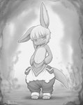 4_toes 5_fingers ambiguous_gender bottomwear clothed clothing feet female fingers fur hair looking_at_viewer navel open_mouth pants smile solo toes topless whiskers young kionant made_in_abyss nanachi lagomorph leporid mammal narehate rabbit 2022 digital_media_(artwork) hi_res monochrome signature