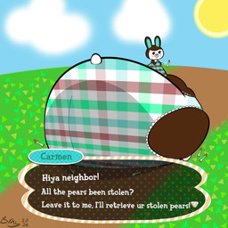 anthro big_butt black_eyes blue_inner_ear blue_sky bottomwear brown_body brown_ears buckteeth butt clothing cloud dialogue eyelashes female grass huge_butt huge_thighs hyper hyper_butt hyper_pear hyper_thighs looking_at_viewer looking_back looking_back_at_viewer monobutt outside panties pattern_bottomwear pattern_clothing pattern_panties pattern_shirt pattern_topwear pattern_underwear pink_cheeks plant rear_view shirt sky smile smiling_at_viewer solo sun teeth text thick_thighs topwear underwear bray64 animal_crossing nintendo carmen_(animal_crossing) lagomorph leporid mammal rabbit 2026 cel_shading colored digital_media_(artwork) english_text hi_res shaded signature