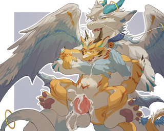 anthro arm_tuft balls blue_horn bodily_fluids bracelet_(marking) claws cloacal cloacal_penetration countershading cum cum_drip cum_in_cloaca cum_inflation cum_inside cum_on_balls cum_on_own_balls cum_on_own_penis cum_on_penis cum_on_self cum_through dipstick_ears dripping duo ear_markings elbow_tuft feathered_wings feathers feet finger_claws fu_manchu full_nelson genital_fluids genitals gloves_(marking) green_pupils horn horn_jewelry horn_ring hybrid_wings inflation jewelry looking_at_another looking_at_partner looking_down looking_down_at_self male male/male markings membrane_(anatomy) membranous_wings multicolored_ears narrowed_eyebrows no_pupils nude open_mouth penetration penile penile_penetration penis penis_in_cloaca pupils red_eyes ring_(jewelry) sex size_difference spread_toes standing standing_sex toe_claws toes tuft white_body white_countershading wings yellow_eyes young young_anthro young_male wuyabottom mythology dragon kobold mythological_creature mythological_scalie scalie 5:4 hi_res