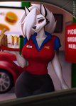 2023 anthro aozee artist_name bag beverage big_breasts black_bottomwear black_clothing black_pants bottomwear breasts canid canid_demon canine car clothing container cup demon digital_media_(artwork) employee_uniform english_text eyebrow_piercing eyebrow_ring facial_piercing fast_food_employee fast_food_uniform female fur hair hair_over_eye hellhound helluva_boss hi_res looking_at_viewer loona_(helluva_boss) mammal mythological_canine mythological_creature mythology name_tag one_eye_obstructed pants piercing ring_piercing solo sonic_drive-in text tray vehicle wide_hips
