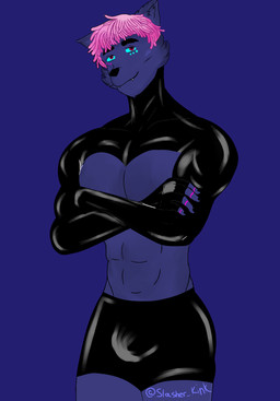 anthro blue_body clothing dreadlocks hair latex latex_clothing male muscular muscular_anthro muscular_male pecs pink_hair slasherkink canid canine canis demon mammal wolf absurd_res hi_res
