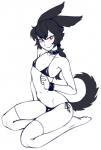 bikini black_hair bulge clothing collar eyebrow_through_hair eyebrows eyelashes femboy hair legwear looking_at_viewer male ponytail red_eyes simple_background sitting smile solo swimwear thigh_highs translucent translucent_hair two-piece_swimsuit white_background ittla animal_humanoid canid canid_humanoid humanoid mammal mammal_humanoid hi_res