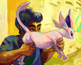 ambiguous_feral ambiguous_gender ambiguous_human brown_body brown_skin clothing derp_eyes duo feral forked_tail fur gun humor pink_body pink_fur ranged_weapon shirt t-shirt tail topwear unusual_anatomy unusual_tail weapon blitzdrachin conditional_dnp nintendo pokemon eeveelution espeon felid feline felis generation_2_pokemon human mammal pokemon_(species) meme oil_painting_(artwork) painting_(artwork) traditional_media_(artwork) traditional_painting_(artwork)