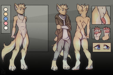 anthro barefoot blue_eyes crossed_arms ears_up feet fur genitals hair male nude open_mouth penis solo tail tongue tongue_out 000atanerriaper000 canid canine mammal 2022 model_sheet