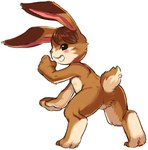 2022 anthro blush brown_body brown_fur brown_hair featureless_crotch fist fur grin hair hare_(monster_rancher) looking_at_viewer looking_back looking_back_at_viewer male monster_rancher simple_background smile smug solo tail tecmo the8mice white_background