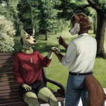 anthro belt bench blood bodily_fluids bone clothing duo female grass hair male park plant shirt skeleton stitch_(sewing) tail topwear torn_clothing tree techiesxc canid canine canis domestic_dog mammal undead zombie 1:1 hi_res