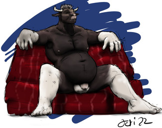 anthro balls black_body black_fur blue_background eyes_closed feet fur furniture genitals hair horn male musclegut muscular navel nipples nude penis red_sofa simple_background sitting sofa solo spread_legs spreading white_background white_body white_fur jeri_kleinlowe european_mythology greek_mythology mythology bovid bovine cattle mammal minotaur 2022 colored guide_lines signature