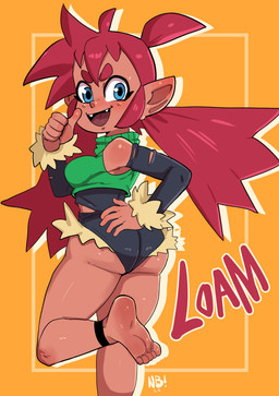 5_fingers 5_toes ahoge anklet arm_warmers armwear barefoot breasts butt clothed clothing cropped_sweater fangs feet female fingers gesture hair hand_gesture hand_on_butt humanoid_pointy_ears jewelry leotard long_hair medium_breasts not_furry on_one_leg open_mouth open_smile orange_background pointing pointing_at_self pointy_ears raised_calf raised_leg red_hair simple_background smile soles solo standing sweater tan_body tan_skin teeth toes topwear turtleneck twintails_(hairstyle) nerdbayne doubleshake loam_(doubleshake) elf humanoid near-human 2025 absurd_res hi_res signature