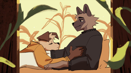 anthro athletic athletic_anthro athletic_male belly_lick biped black_clothing black_eyes black_sweater black_topwear brown_body brown_fur clothed clothing duo eye_contact fur grey_body grey_fur licking licking_body looking_at_another looking_at_partner lying male male/male on_back romantic romantic_couple slim_anthro slim_male sweater tongue topwear yellow_body yellow_clothing yellow_fur yellow_sweater yellow_topwear hemuchang autumn_(outumn) shin_(hemuchang) canid canine canis domestic_dog fox mammal 16:9 2d_animation 4k absurd_res animated frame_by_frame hi_res no_sound short_playtime video widescreen