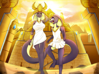 anthro breasts city clothed clothing dress duo egyptian egyptian_clothing egyptian_headdress female gem hat headgear headwear playing pyramid scenery sculpture sky snake_hood statue sun walking moonfluffmf cobra reptile scalie snake hi_res