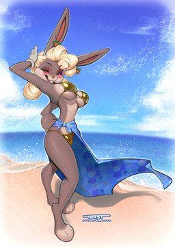 anthro beach bedroom_eyes bikini bikini_bottom bikini_top breasts buckteeth bulge clothed clothing crossgender ear_piercing ear_ring eyewear feet fingers fur glasses gold_bikini grey_body gynomorph hair half-closed_eyes intersex looking_at_viewer mtg_crossgender mti_crossgender narrowed_eyes piercing pink_eyewear pink_glasses ring_piercing round_glasses sand seaside seductive sky smile solo standing swimwear tail teeth toes two-piece_swimsuit water toast-arts golden_week looney_tunes warner_brothers bugs_bunny lagomorph leporid mammal rabbit digital_media_(artwork) hi_res