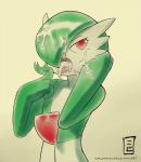 bodily_fluids cum cum_in_mouth cum_inside cum_on_face female genital_fluids green_hair hair not_furry open_mouth red_eyes simple_background solo tongue threeworlds nintendo pokemon starayo gardevoir generation_3_pokemon pokemon_(species) hi_res