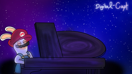 anthro bench bent_arm black_facial_hair black_mustache blue_clothing blue_overalls blue_sky button_(fastener) clothed clothed_anthro clothed_male clothing eyes_closed facial_hair fur grand_piano hat headgear headwear keyboard_instrument light long_ears male male_anthro multicolored_body musical_instrument mustache noseless on_bench overalls piano playing_music playing_piano red_clothing red_hat red_headwear shirtless_anthro shirtless_male sitting sitting_on_bench sky solo star starry_sky tan_eyelids tan_inner_ear text two_tone_body white_body white_fur crazydigitalcapt mario_bros mario_plus_rabbids_kingdom_battle nintendo raving_rabbids rayman_(series) the_super_mario_bros_movie ubisoft rabbid_mario lagomorph mammal rabbid 2023 artist_name colored crossover dialogue_in_description digital_drawing_(artwork) digital_media_(artwork) english_description hi_res lighting shaded