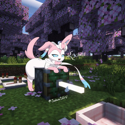 2d_on_3d 4_legs blue_inner_ear boat bow_(anatomy) cherry_blossom day detailed_background female feral flower fur hair_bow_(anatomy) leaning leaning_forward leaning_on_object leg_markings light markings monotone_tail multicolored_body multicolored_fur narrowed_eyes neck_bow_(anatomy) pink_body pink_ears pink_fur pink_tail piston plant prunus_(flower) quadruped redstone redstone_repeater ribbons_(anatomy) sky socks_(marking) solo sunlight tail text two_tone_body two_tone_fur vehicle watercraft white_body white_fur joshuas microsoft minecraft minecraft_sheep_fucker mojang nintendo pokemon xbox_game_studios cora_(joshuas) eeveelution generation_6_pokemon pokemon_(species) sylveon 1:1 2026 3d_(artwork) digital_drawing_(artwork) digital_media_(artwork) hi_res spanish_text translated
