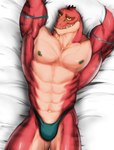 abs anthro bedroom_eyes biceps bulge clothed clothing dakimakura green_nipples hands_behind_head looking_at_viewer lying male markings multicolored_body multicolored_scales muscular muscular_anthro muscular_male narrowed_eyes navel nipples non-mammal_nipples obliques on_back pecs scales seductive smile solo striped_markings stripes teeth teeth_showing thong triceps two_tone_body two_tone_scales underwear underwear_only yellow_sclera dagantfus_(artist) disney pixar toy_story reptillus_maximus dinosaur prehistoric_species reptile scalie theropod 2021 dakimakura_design hi_res