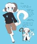 anthro blue_eyes blush clothed clothing fur grin horn male smile solo standing text white_body white_fur fiddleafox eina_(fiddleafox) alpine_goat bovid caprine domestic_goat goat mammal english_text hi_res model_sheet