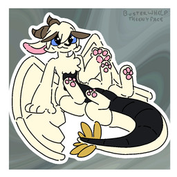 black_body black_nose blue_eyes blue_sclera border brown_horn feathered_wings feathers female fur gesture grey_background horn long_tail looking_at_viewer outline pawpads pink_inner_ear pink_pawpads simple_background sitting smile solo tail waving waving_at_viewer white_body white_border white_feathers white_fur white_outline white_wings wings theenyface yu-gi-oh! buster_whelp_of_the_destruction_swordsman bovid caprine duel_monster mammal sheep taur 1:1 2023 aliasing digital_drawing_(artwork) digital_media_(artwork) flat_colors full-length_portrait portrait