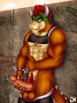 abs anthro balls biceps big_muscles big_penis biped bodily_fluids bottomwear broken_horn clothed clothing countershading erection genital_fluids genitals hair horn humanoid_genitalia humanoid_penis jewelry looking_at_viewer male masturbation mohawk muscular muscular_anthro muscular_male necklace pants partially_clothed pecs penile penile_masturbation penis pink_penis precum pubes red_hair royalty scales shirt solo tail tank_top topwear dream_and_nightmare mario_bros nintendo shax_koopa koopa scalie 3:4