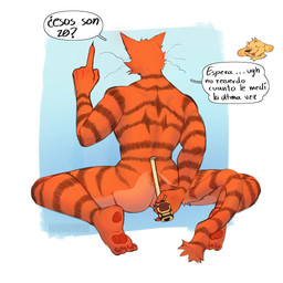anthro duo nanamih8 presenting rear_view sitting solo_focus tape_measure text dog_man_(series) dog_man_(character) petey_the_cat humanoid 1:1 hi_res spanish_text translation_request