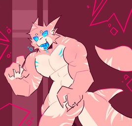4_fingers anthro barazoku blue_eyes blue_mouth blue_saliva blue_teeth bodily_fluids bubble cheek_tuft colored_saliva facial_tuft fin fingers fur head_tuft looking_at_viewer male multicolored_body multicolored_fur muscular muscular_anthro muscular_male orange_body orange_fur pecs pink_body pink_fur red_background saliva shark_tail simple_background solo stripes teeth tuft unusual_bodily_fluids unusual_saliva ir0sucks kaiju_paradise fish marine pseudo_shork_(kaiju_paradise) shark 2025 digital_drawing_(artwork) digital_media_(artwork) hi_res