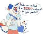5_fingers anthro bag begging begging_pose blue_body blue_fur claws clothing fingers floppy_ears fluffy fur male pose red_body red_fur smile solo tail tail_motion tailwag teeth_showing text tongue tongue_out white_body white_fur ctahrpoe tesco canid canine mammal 2024 digital_media_(artwork) hi_res meme