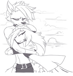 anthro cloud crossgender duo female ftm_crossgender hug male male/female river sun sunset nauyaco hellaverse helluva_boss mythology loona_(helluva_boss) octavia_(helluva_boss) avian canid canid_demon canine demon hellhound mammal mythological_canine mythological_creature owl_demon 2022 hi_res