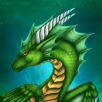 ambiguous_gender fantasy feral gold_scales green_body green_fin green_scales horn membrane_(anatomy) membranous_wings scales sky solo star starry_sky white_horn wings yellow_eyes selianth mythology arcnova dragon mythological_creature mythological_scalie scalie 1:1 bust_portrait portrait