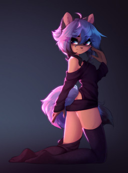 anthro bare_shoulders black_clothing black_legwear black_stockings blue_hair blue_tail breasts butt butt_pose clothed clothing female fur grey_background hair kneeling legwear looking_back multicolored_eyes no_underwear orange_body orange_fur pose raised_hand short_hair simple_background smile solo stockings tail shenki brand_new_animal studio_trigger michiru_kagemori canid canine mammal raccoon_dog tanuki 2021 hi_res unavailable_at_source
