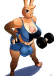 anthro balls_outline big_breasts big_penis bodily_fluids bra breasts bulge clothing detailed_bulge erection erection_under_clothing exercise genital_outline genitals gynomorph huge_breasts huge_penis huge_thighs humanoid_genitalia humanoid_penis intersex looking_at_viewer one_eye_closed penis solo sports_bra sportswear sweat sweatdrop thick_thighs underwear weightlifting weights wink winking_at_viewer workout tohilewd cherry_popper lagomorph leporid mammal rabbit absurd_res hi_res