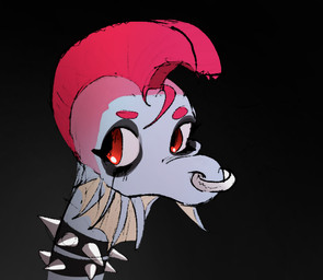 alternate_costume alternative_fashion anthro black_eyeshadow collar eyelashes eyeshadow facial_piercing female frill_(anatomy) grey_background grey_body grey_scales hair long_neck makeup mohawk nose_piercing nose_ring piercing pink_hair punk red_eyes ring_piercing scales short_hair simple_background snout solo spiked_collar spikes sakamtosng third-party_edit cavemanon_studios i_wani_hug_that_gator petunia_(iwhtg) brachiosaurid brachiosaurus dilophosaurid dilophosaurus dinosaur hybrid macronarian prehistoric_species reptile saurischian sauropod sauropodomorph scalie theropod 2025 color_edit colored digital_drawing_(artwork) digital_media_(artwork)