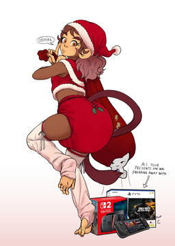 anthro biped brown_body brown_hair christmas_clothing christmas_headwear clothed clothing dialogue diaper diaper_cover diaper_under_clothing feet female furgonomic_diaper furgonomics hair hat headgear headwear holidays holly_(plant) leg_warmers legwear looking_at_viewer looking_back looking_back_at_viewer orange_eyes pantsless_anthro pantsless_female plant plushie prehensile_feet santa_hat smile soiled_diaper solo speech_bubble stink_fumes text toes topwear unclean_diaper used_diaper wearing_diaper heppysugoi christmas homestuck ms_paint_adventures nintendo nintendo_switch_2 playstation playstation_5 sony_corporation sony_interactive_entertainment steam_deck valve_corporation valve_hardware guarana_(heppysugoi) rose_lalonde haplorhine mammal monkey primate 2025 absurd_res digital_media_(artwork) digital_painting_(artwork) english_text hi_res painting_(artwork)