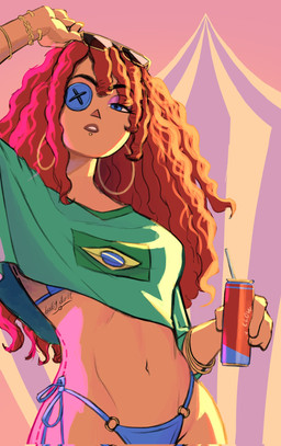 bedroom_eyes bikini bikini_bottom bikini_top blue_bikini blue_clothing blue_swimwear bracelet brazilian_flag breasts button_(fastener) button_eyes can circus clothing container crop_top curvy_figure doll ear_piercing ear_ring eyebrows eyelashes eyeshadow eyewear eyewear_on_head female green_clothing green_crop_top green_shirt green_topwear hair half-closed_eyes holding_can holding_container holding_object jewelry light_body light_skin long_hair looking_at_viewer makeup mouth_piercing narrowed_eyes navel patch_(fabric) piercing purple_eyeshadow raised_arm red_hair ribbons ring_piercing seducing_viewer seductive shirt solo sunglasses sunglasses_on_head swimwear text text_on_body topwear triangle_nose two-piece_swimsuit wearing_sunglasses mthsmelo glitch_productions grand_theft_auto_vi the_amazing_digital_circus ragatha_(tadc) animate_inanimate humanoid living_doll hi_res