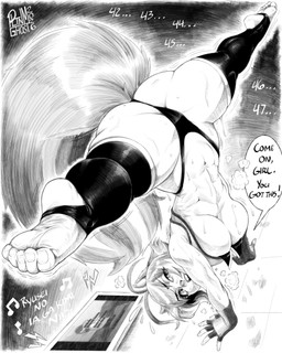 abs athletic athletic_female big_breasts bodily_fluids breasts camel_toe clothing exercise feet female flexible handstand legwear muscular muscular_female soles solo speech_bubble splits spread_legs spreading stirrup_legwear sweat tail text thigh_highs toes under_boob upside_down pltnm06ghost arc_system_works blazblue makoto_nanaya animal_humanoid humanoid mammal mammal_humanoid rodent rodent_humanoid sciurid sciurid_humanoid tree_squirrel_humanoid 4:5 absurd_res hi_res monochrome