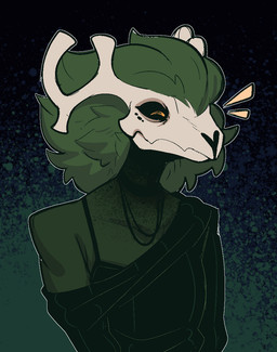 anthro black_body black_clothing bone clothing collar deer_skull eyes_closed green_body green_hair hair happy horn jewelry necklace skull skull_head solo white_body white_horn conditional_dnp welwraith wicker_(welwraith) deer mammal 2026 digital_drawing_(artwork) digital_media_(artwork) female_(lore)