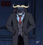 angry anthro black_nose bottomwear clothed clothing coat fur grey_body grey_fur horn male necktie pants red_eyes shirt solo tan_horn topwear trenchcoat vest shingallon disney zootopia chief_bogo bovid bovine cape_buffalo mammal