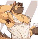 anthro armpit_hair beverage body_hair brown_body brown_fur brown_hair candy chocolate chocolate_milk claws clothing dessert finger_claws flavored_milk food fur glass hair holding_beverage holding_glass holding_object male milk multicolored_body multicolored_fur muscular muscular_anthro muscular_male pawpads pecs shirt solo tan_body tan_fur tank_top topwear white_clothing white_shirt white_tank_top white_topwear yukigawa after_class gilbert_learnard canid canine canis domestic_dog german_shepherd herding_dog mammal pastoral_dog 2023 hi_res