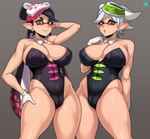 big_breasts blush breasts camel_toe clothing duo female huge_breasts looking_at_viewer nipple_outline pseudo_hair tight_clothing jmg nintendo splatoon callie_(splatoon) marie_(splatoon) squid_sisters_(splatoon) animal_humanoid cephalopod cephalopod_humanoid humanoid inkling marine marine_humanoid mollusk mollusk_humanoid absurd_res hi_res