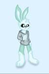 anthro bottomless clothed clothing fur hoodie hoodie_only male simple_background solo tail topwear topwear_only white_body white_fur pleskoslez plesky_(pleskoslez) lagomorph leporid mammal rabbit